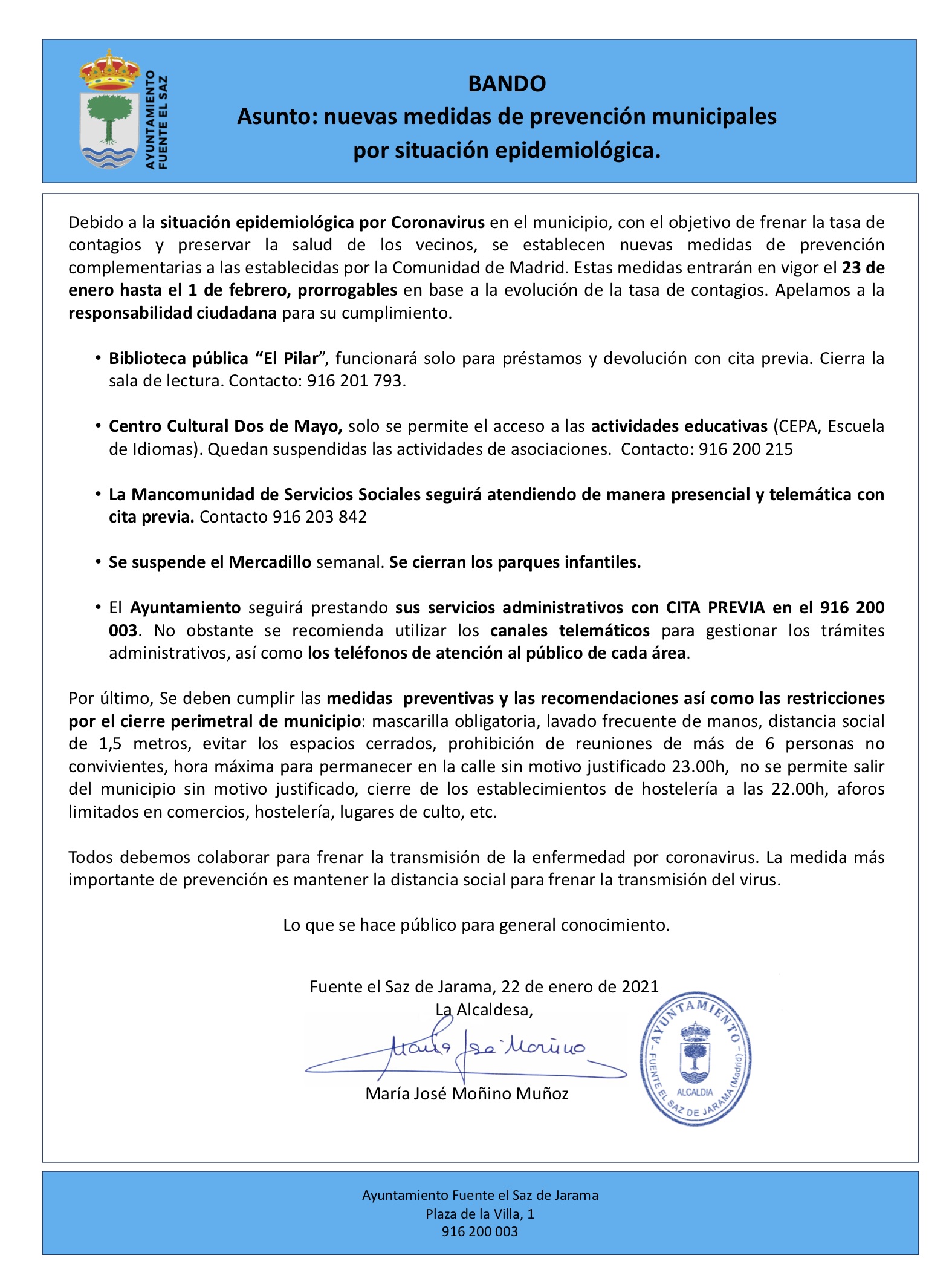 22 enero restricciones en las instalaciones municipales