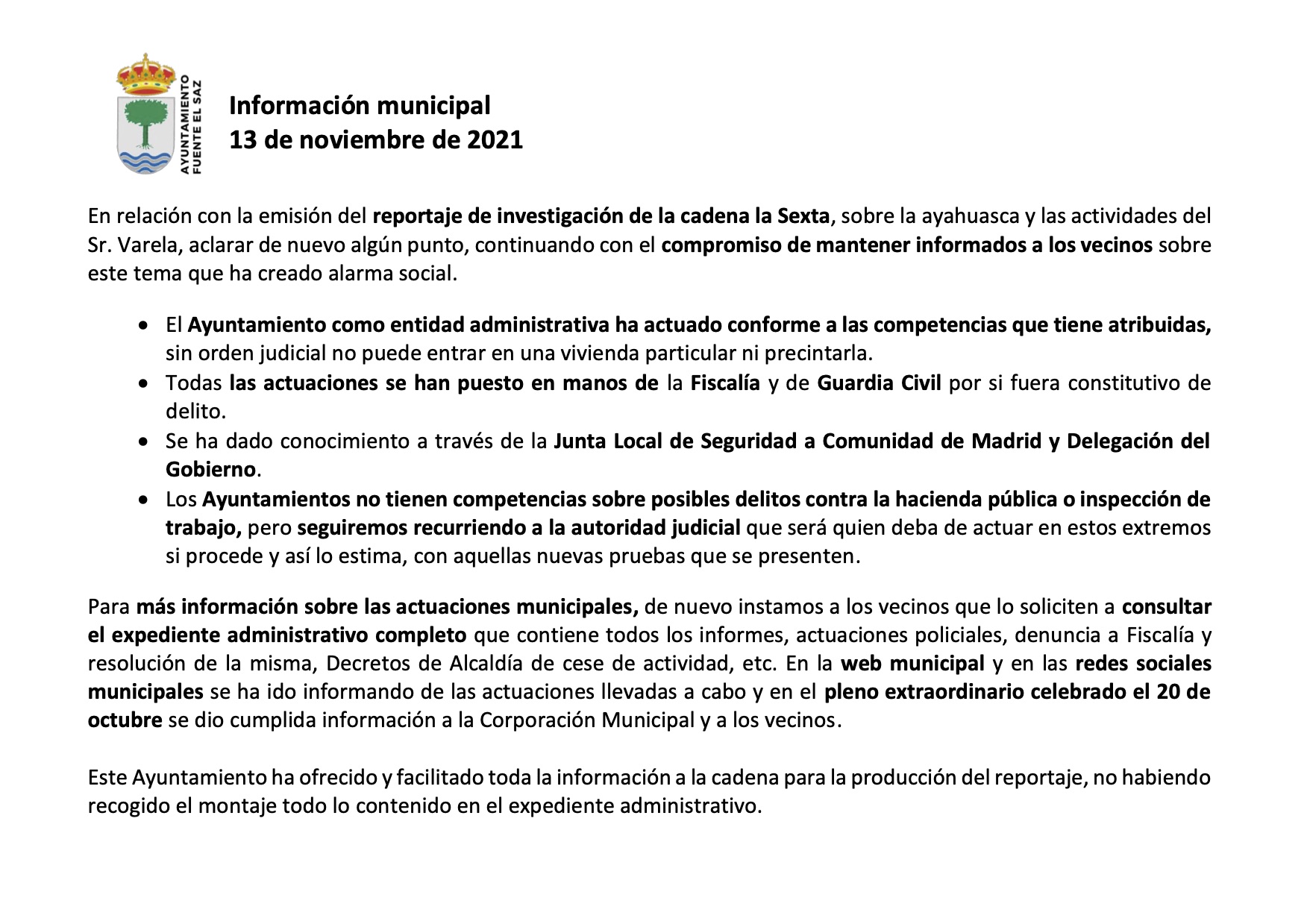 13 nov 2021 info mpal sobre reportaje Ayahusca
