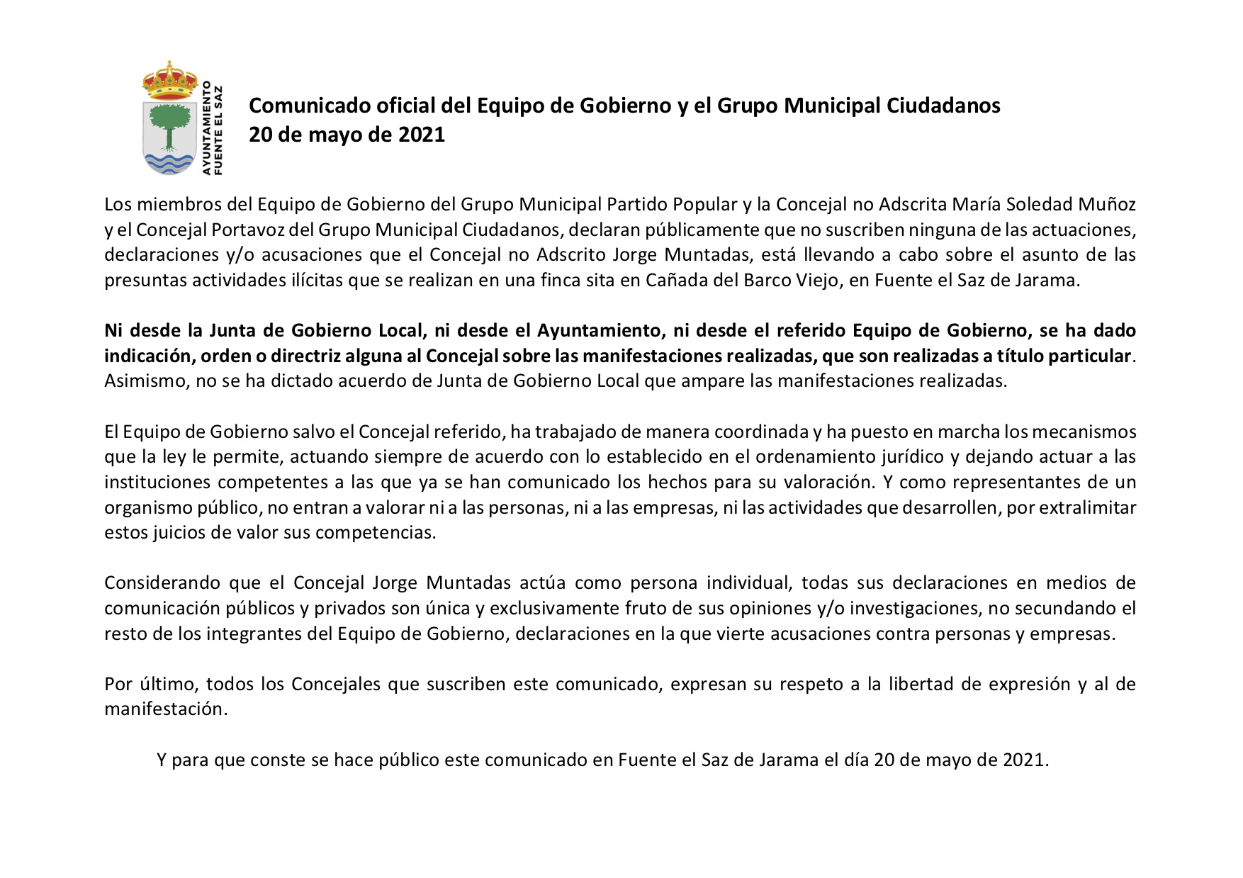 Comunicado oficial Equipo de Gobierno