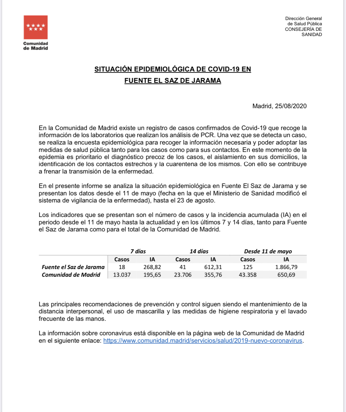 25 de agosto Informe Dir Gral Salud Pblica SITUACIN EPIDEMIOLGICA FUENTE EL SAZ DE JARAMA
