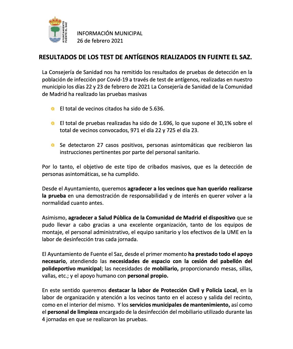 Informacin municipal resultados teest antgenos